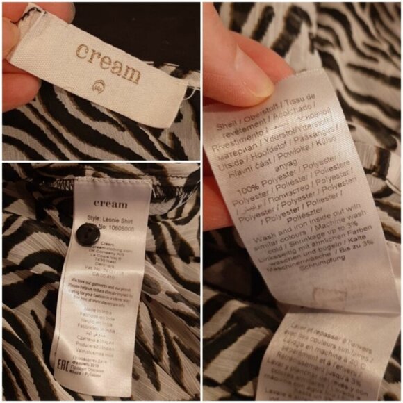 Cream Zebra Print Blouse Long Sleeve Sheer Plunging Vneck Flowy Buttoned Front - Picture 14 of 15